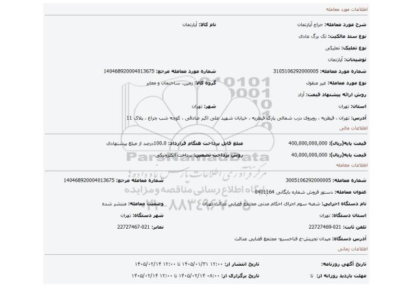 مزایده، آپارتمان