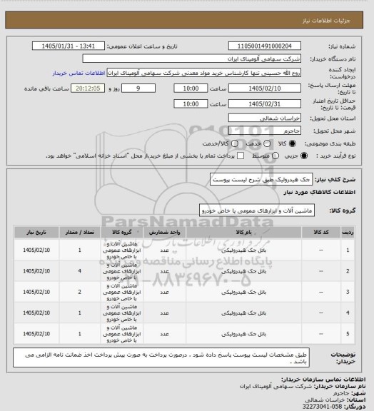 استعلام جک هیدرولیک طبق شرح لیست پیوست
