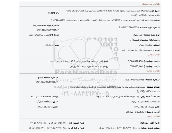 مزایده،  سهم الارث محکوم علیه به مقدار 1936/8متر مشاعی ازیک قطعه باغ انگور وخانه باغ به مساحت 8854متر(79من)