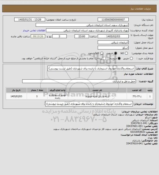 استعلام استعلام واگذاری خودروی استیجاری با راننده برای شهرداری (طبق لیست پیوسنی)