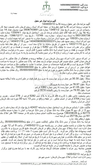 مزایده پلاک ثبتی 5282 ) پنج هزار و دویست و هشتاد و دو ) فرعی از 276 