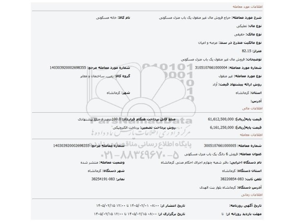 مزایده، فروش مال غیر منقول یک باب منزل مسکونی