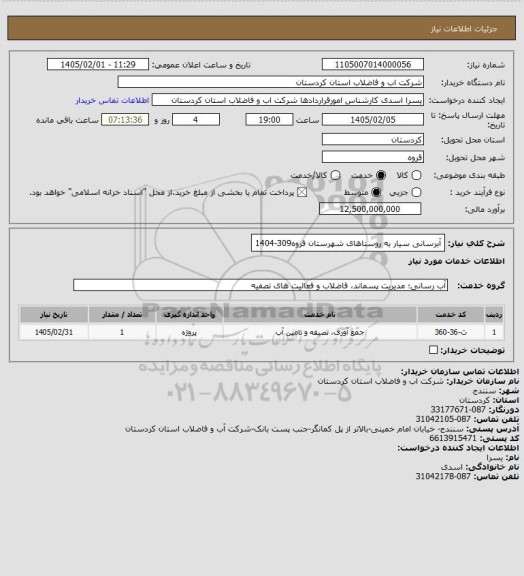 استعلام آبرسانی سیار به روستاهای شهرستان قروه309-1404