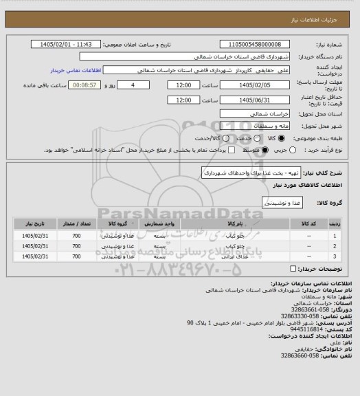استعلام تهیه - پخت غذا برای واحدهای شهرداری