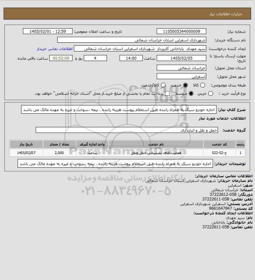 استعلام اجاره خودرو سبک به همراه راننده طبق استعلام پیوست هزینه راننده ، بیمه ،سوخت و غیره به عهده مالک می باشد