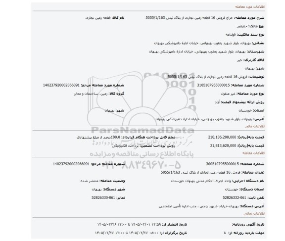 مزایده، فروش 16 قطعه زمین تجاری از پلاک ثبتی 5055/1/163