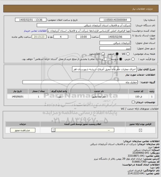 استعلام اجرای عملیات حفر چاه عمیق آغبلاغ شیشه شهرستان اهر