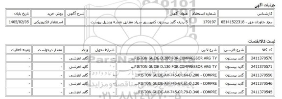 استعلام الکترونیکی، 5 ردیف گاید پیستون کمپرسور سیاد مطابق نقشه ودیتیل پیوست