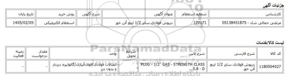 استعلام الکترونیکی، درپوش فولادی سایز 1/2 اینچ آلن خور