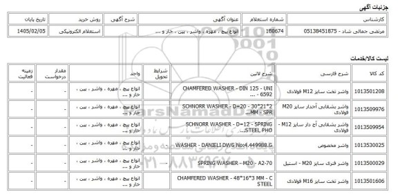 استعلام الکترونیکی، انواع پیچ ، مهره ، واشر ، پین ، خار و ...