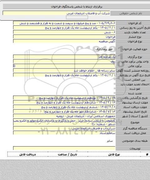 مناقصه, )عمومی با ارزیابی ساده( خرید ، حمل و بارگیری و باراندازی الکترو موتور و الکترو پمپ شناور - شماره: ۲۰