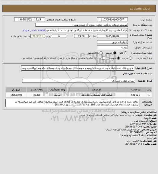 استعلام خودرو های استیجاری جهت شهرستان ارومیه و حومه.ماکو(حومه).میاندوآب(حومه).نقده(حومه).بوکان و حومه