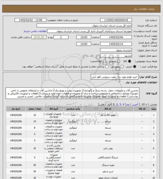 استعلام خرید لوازم مورد نیاز جهت سرویس کولر آبی