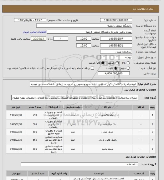 استعلام تهیه و اجرای کانال فن کویل سقفی طبقات دوم و سوم برج شهید سلیمانی دانشگاه صنعتی ارومیه