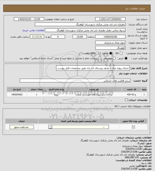 استعلام اجرای پروژه جوی و جدول روستای نادر اباد طبق مشخصات فایل پیوست