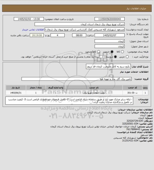 استعلام پکیج سیم به کابل جنوبغرب کرمان فاز سوم
