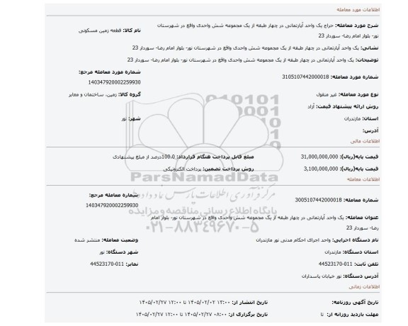 مزایده،  یک واحد آپارتمانی در چهار طبقه از یک مجموعه شش واحدی واقع در شهرستان نور- بلوار امام رضا- سوردار 23
