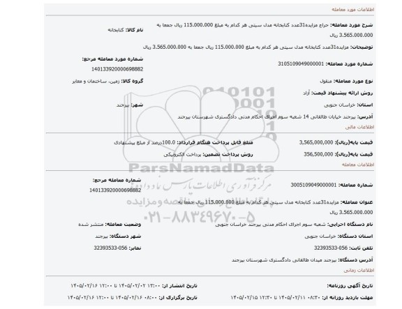 مزایده، مزایده31عدد کتابخانه مدل سیتی هر کدام به مبلغ 115.000.000 ریال جمعا به 3.565.000.000 ریال