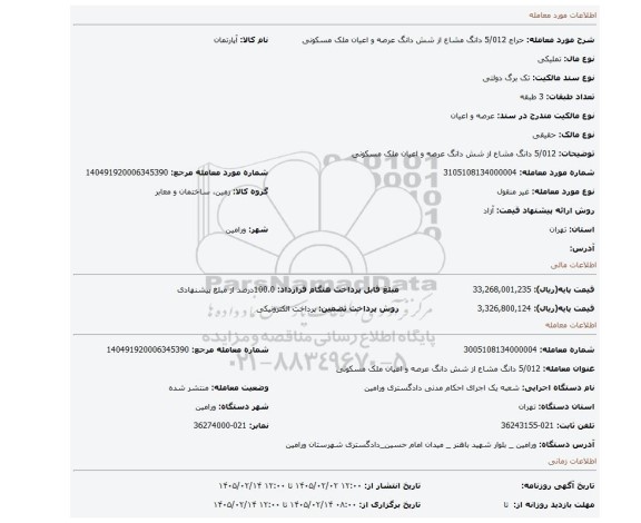 مزایده، 5/012 دانگ مشاع از شش دانگ عرصه و اعیان ملک مسکونی