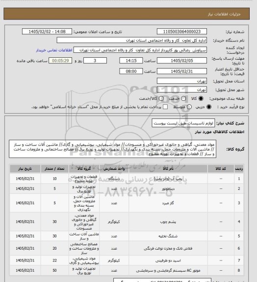 استعلام لوازم تاسیسات طبق لیست پیوست