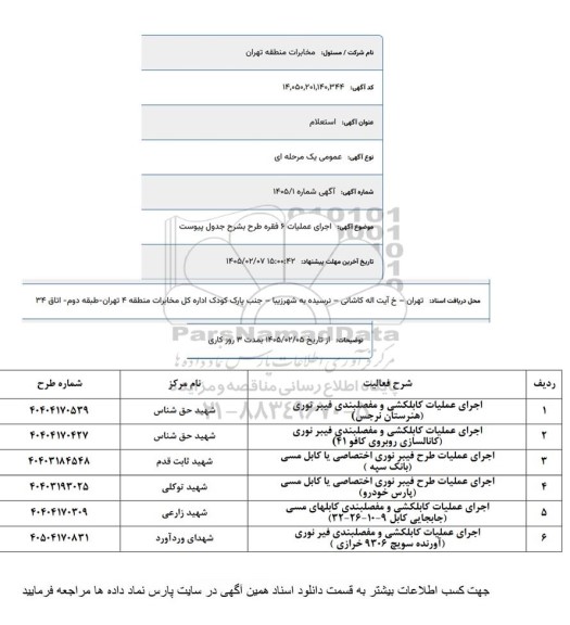 استعلام اجرای عملیات کابلکشی و مفصلبندی فیبر نوری و...