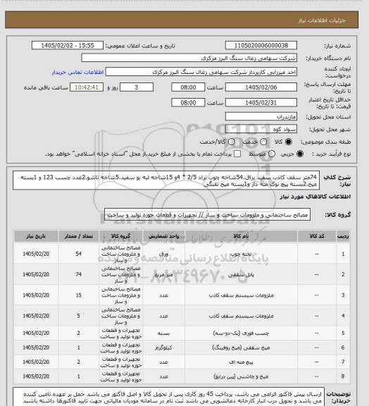 استعلام 74متر سقف کاذب سفید براق،54شاخه چوب نراد 2/5 * 4و 15شاخه لبه یو سفید،5شاخه تاشو،2عدد چسب 123 و 1بسته میخ،2بسته پیچ نوک مته دار و1بسته میخ تفنگی