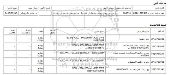 استعلام الکترونیکی، ه ردیف رول پلیمری وبا روکش لاستیک مطابق نقشه و دیتیل پیوست