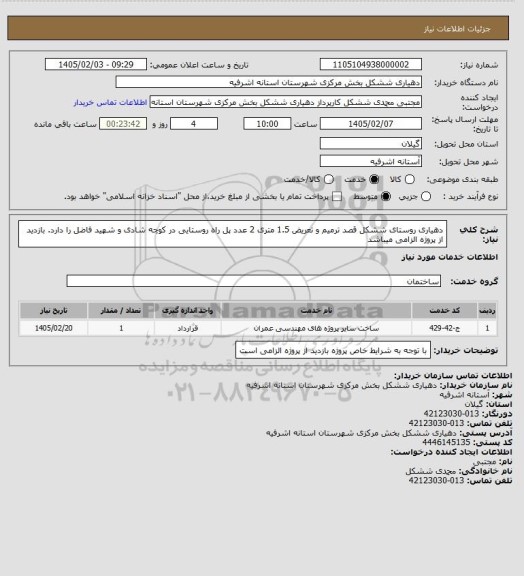 استعلام دهیاری روستای ششکل قصد ترمیم و تعریض 1.5 متری  2 عدد پل راه روستایی در کوچه شادی و شهید فاضل را دارد. بازدید از پروژه الزامی میباشد