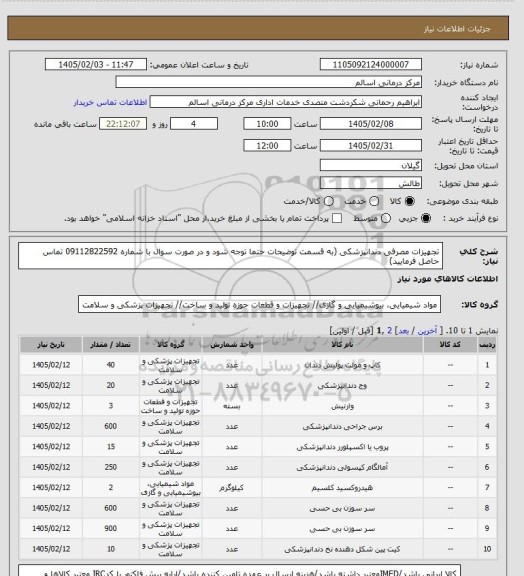 استعلام تجهیزات مصرفی دندانپزشکی (به قسمت توضیحات حتما توجه شود و در صورت سوال با شماره 09112822592 تماس حاصل فرمایید)