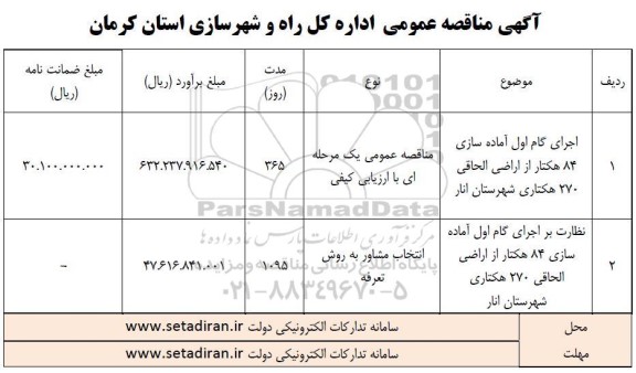 مناقصه اجرای گام اول آماده سازی 84 هکتار از اراضی الحاقی ...