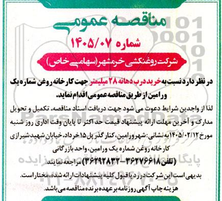 مناقصه خرید درب دهانه 28 میلیمتر 