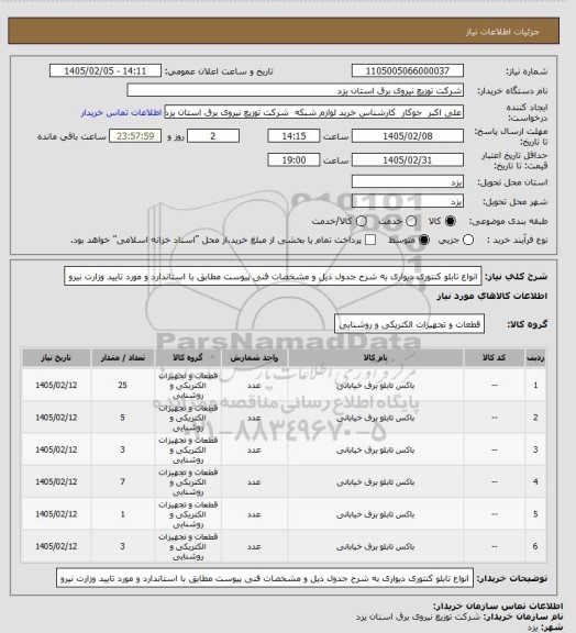 استعلام انواع تابلو کنتوری دیواری به شرح جدول ذیل و مشخصات فنی پیوست مطابق با استاندارد و مورد تایید وزارت نیرو