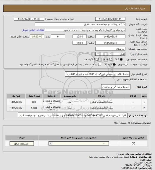 استعلام ماسک اکسیژن دهانی (بزرگسال 5000عدد و اطفال 600عدد.