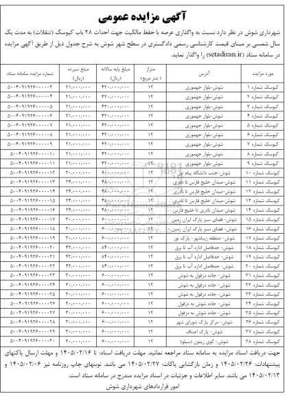 مزایده واگذاری 28 باب کیوسک (تنقلات)