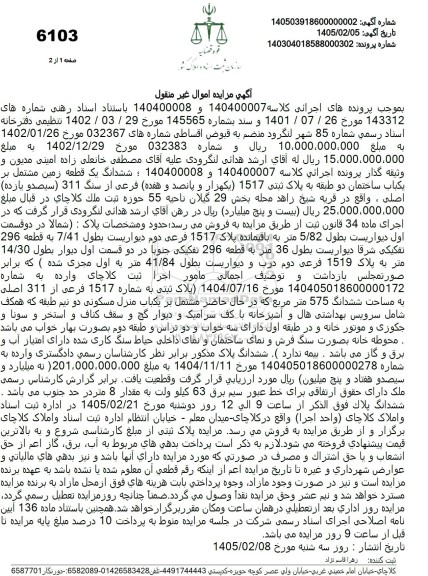 مزایده ششدانگ یک قطعه زمین مشتمل بر یکباب ساختمان دو طبقه به پلاک ثبتی 1517 یکهزار و پانصد و هفده فرعی از سنگ 311 
