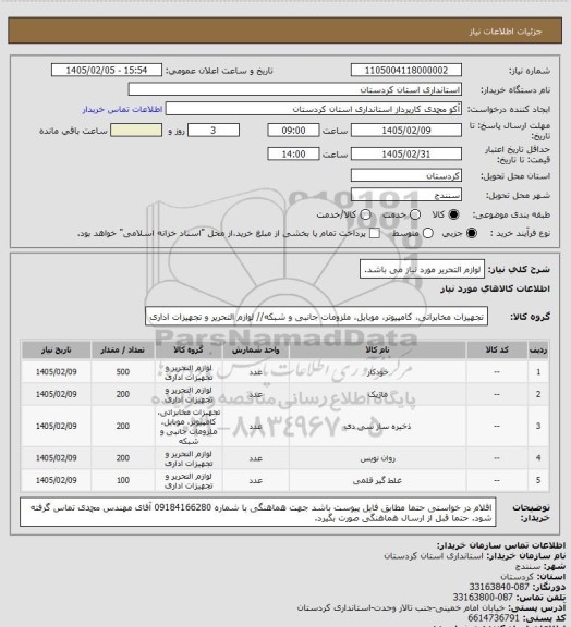 استعلام لوازم التحریر مورد نیاز می باشد.