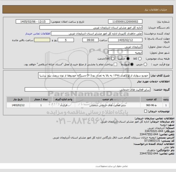 استعلام خودرو سواری از نوع مدل ۱۳۹۸ به بالا به تعداد دو ( ۲) دستگاه خودروها از نوع سمند، پژو، پرشیا