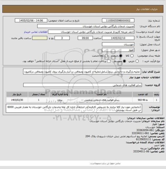 استعلام تخلیه،بارگیری و جابجایی برنج(شامل:تخلیه از کامیون وصفافی در انبار،بارگیری بروی کامیون وصفافی درکامیون