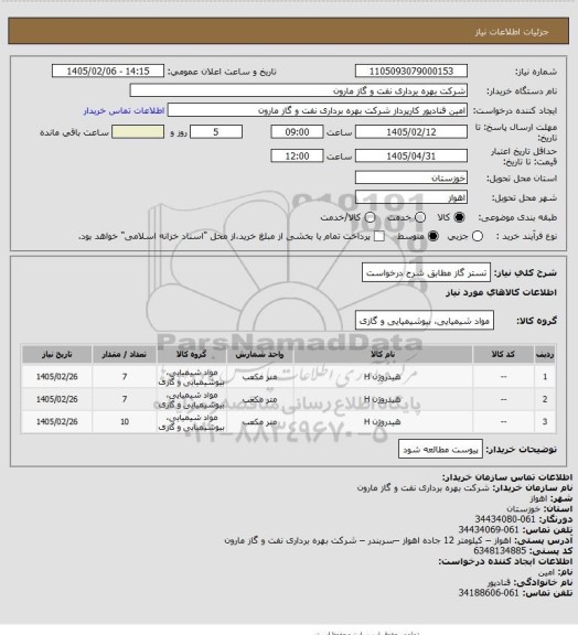 استعلام تستر گاز مطابق شرح درخواست