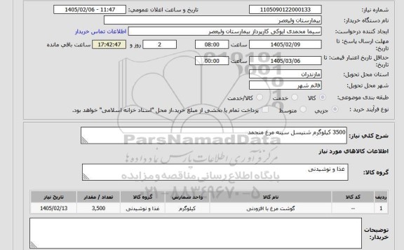 استعلام 3500 کیلوگرم شنیسل سینه مرغ منجمد