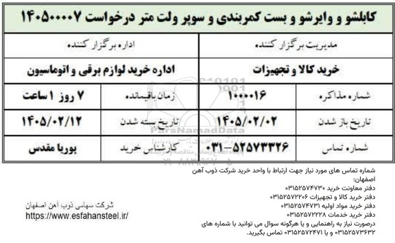 استعلام کابلشو و وایرشو و بست کمربندی و سوپر ولت متر
