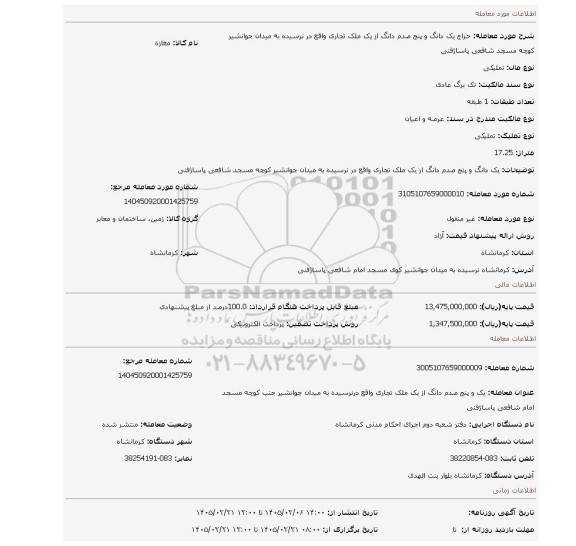مزایده، یک دانگ و پنج صدم دانگ از یک ملک تجاری واقع در نرسیده به میدان جوانشیر کوچه مسجد شافعی پاساژفنی