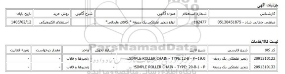 استعلام الکترونیکی، انواع زنجیر غلطکی یک ردیفه * کالای وارداتی*