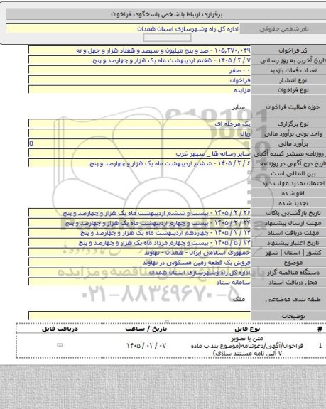 مزایده, فروش یک قطعه زمین مسکونی در نهاوند