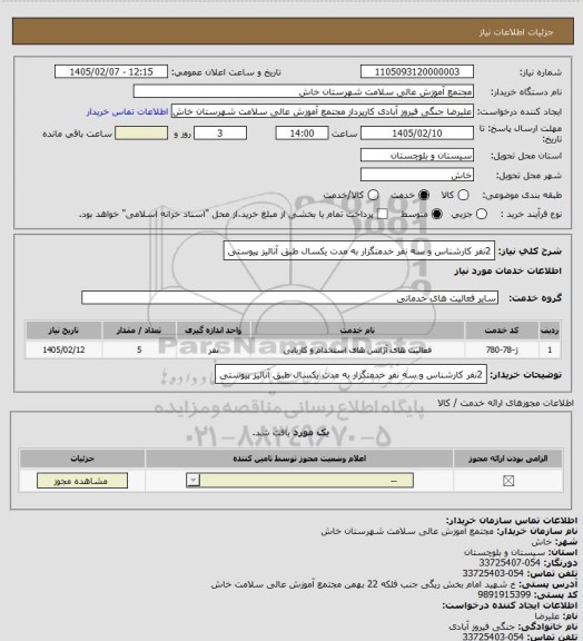 استعلام 2نفر کارشناس و سه نفر خدمتگزار به مدت یکسال طبق آنالیز پیوستی