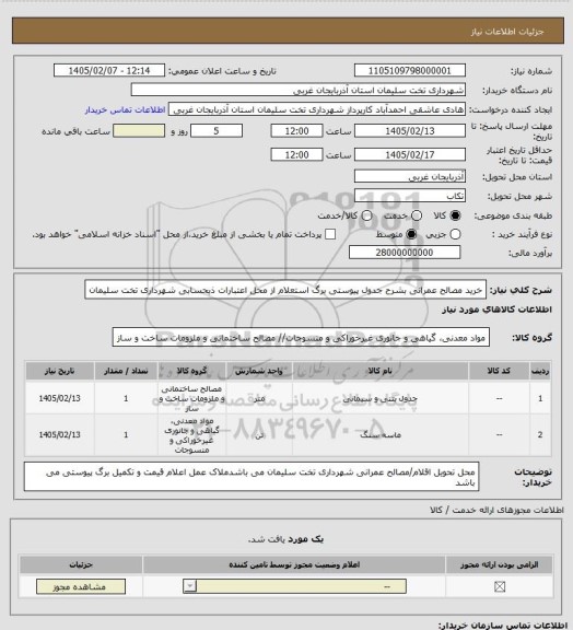 استعلام خرید مصالح عمرانی بشرح جدول پیوستی برگ استعلام از محل اعتبارات ذیحسابی شهرداری تخت سلیمان