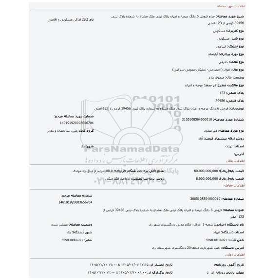 مزایده، فروش 6 دانگ عرصه و اعیان پلاک ثبتی ملک مشاع به شماره پلاک ثبتی 39456 فرعی از 123 اصلی