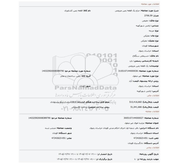 مزایده، یک قطعه زمین مزروعی