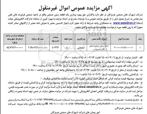  واگذاری حق بهره برداری یک قطعه زمین صنعتی