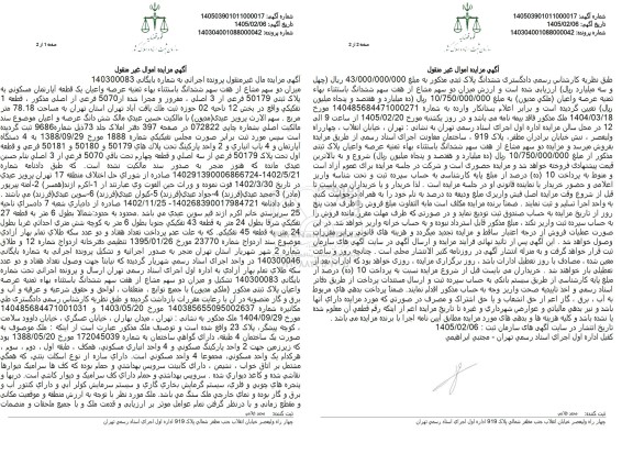 مزایده دو سهم مشاع از هفت سهم ششدانگ عرصه و اعیان یک قطعه آپارتمان
